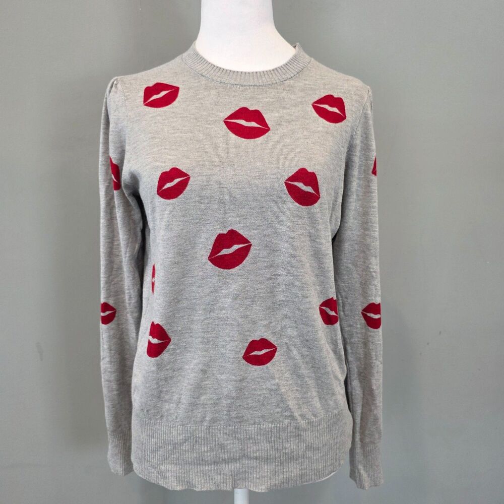 Marled Gray Pullover Sweater Lips Print MD Cozy Soft Novelty Print Maximalist